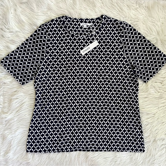 CHICO’S NWT XL 3 Cool Ikat Cotton Crew Neck Tee • Diamond Print Classic Navy - Picture 7 of 12